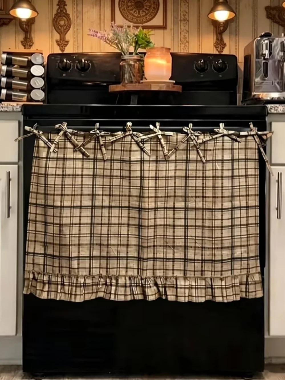 Farmhouse Plaid Ruffled Stove Skirt - Apron Black and Cream